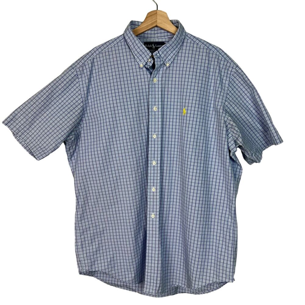 Ralph Lauren Men's XL Blue Plaid Classic Fit Button Up Short Sleeve Shirt